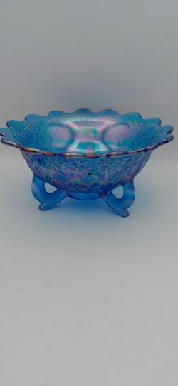 Exquisite Vintage Fenton 3-Footed Blue Carnival Glass Bowl With Orange Tree Pattern (Rare)