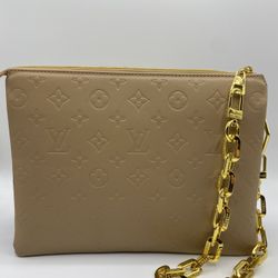 Tri-Fold Leather Clutch- Tan w/ Gold Chain 