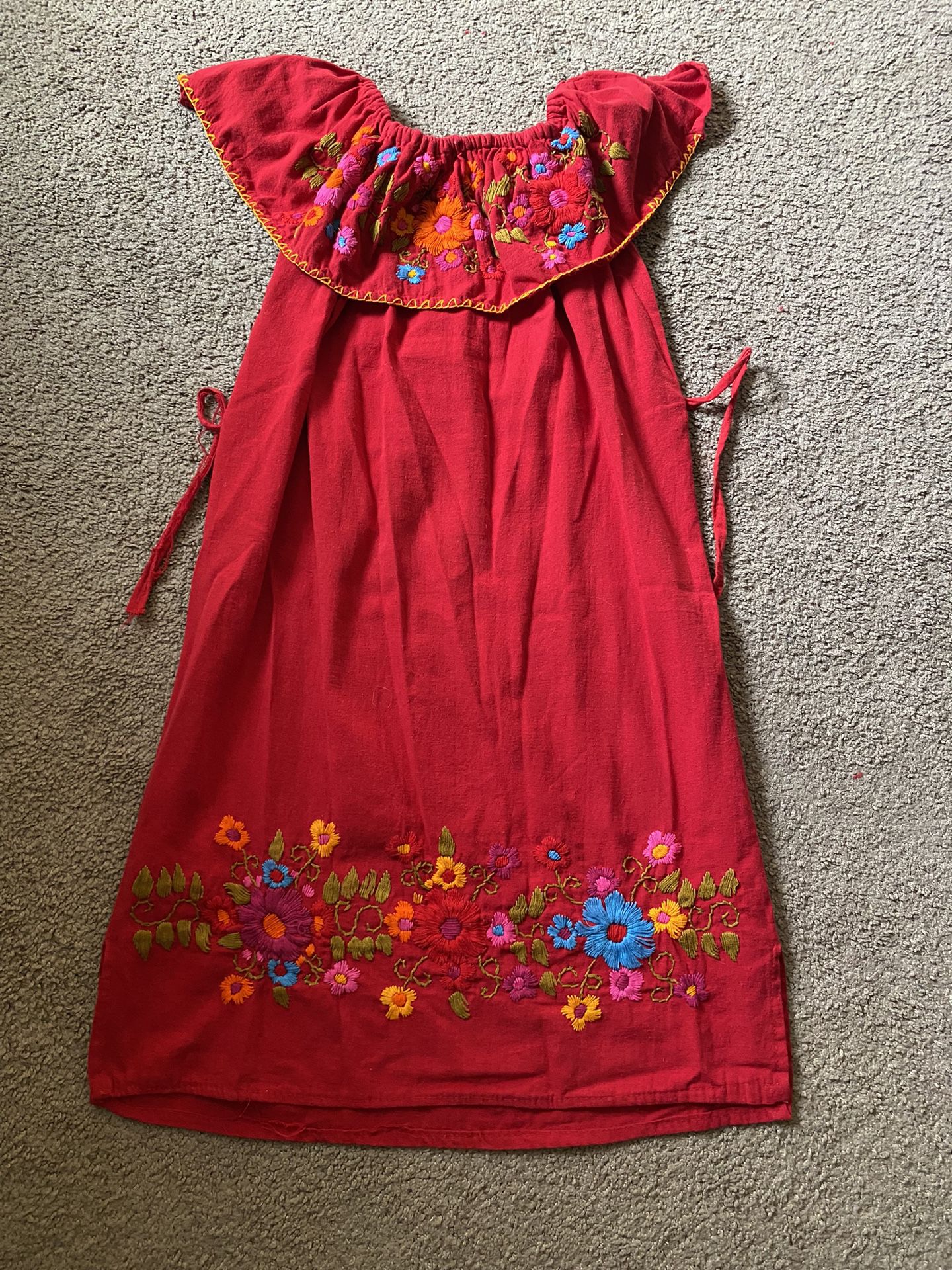 Authentic Traditional Embroidered Red Mexican Dress