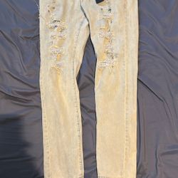 WAIMEA Skinny Fit Distressed Beige Denim Men's Jeans Cotton Blend 5-Pocket Size 34x30