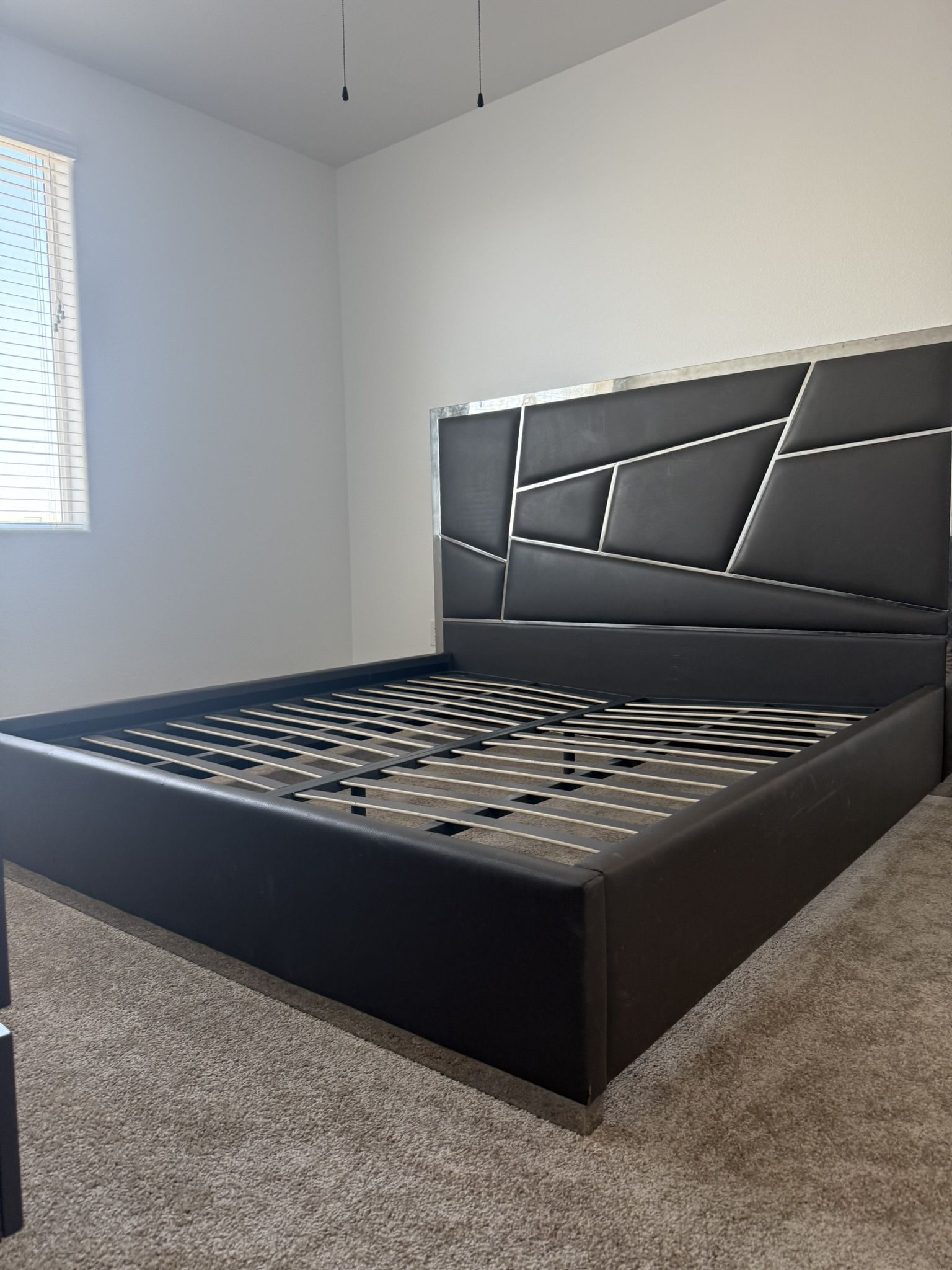 Modern Grey & Mirror King Platform Bed Frame with Headboard + Matching Dresser