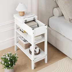 End Table White, Narrow Side Table with Storage Shelves, Flip Top Sofa Table Bedside Table for Living Room Small Space  Top highlights Produ