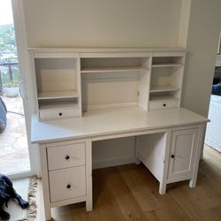 White IKEA Hemnes desk with hutch