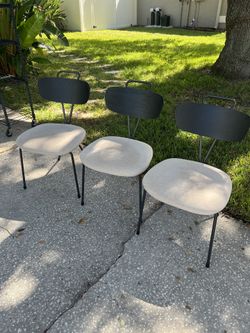 Set Of Three Dining Chairs. Hardwood Back. Upholstered Seats