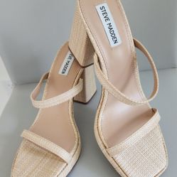 New Steve Madden Polly Natural Raffia Platform Block Heel Sandal SZ 10
