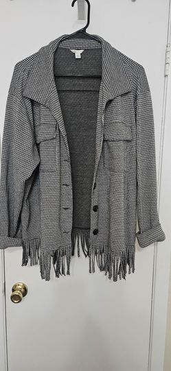 Houndstooth Fringe Hem Open Front Jacket