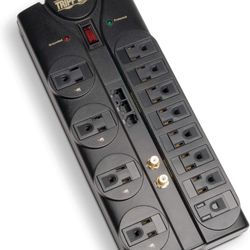 12 Outlet Surge Protector Power Strip, 8ft Cord, Right-Angle Plug, Tel/Modem/Coax/Ethernet Protection, RJ11, RJ45, & $250,000 INSURANCE (TLP1208SAT) B