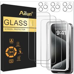 Ailun 3 Pack Screen Protector for iPhone 15 Pro Max [6.7 inch] + 3 Pack Camera Lens Protector with Installation Frame,Sensor Protection,Dynamic Island