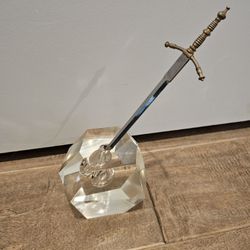 Excalibur,  Metal Sword Letter Opener,  In Rock Crystal Paperweight, Assembled 8" H
