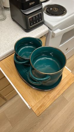 Teal Ceramic Bowl and Plate Set