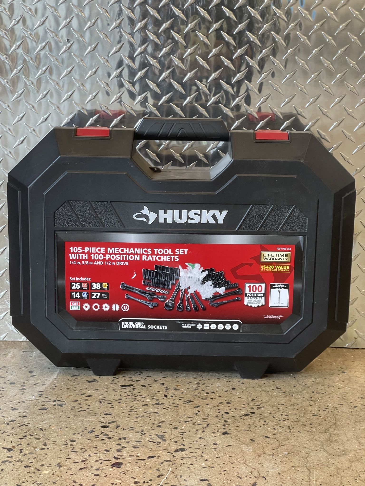 Exclusive Husky 1/4 in., 3/8 in. and 1/2 in. SAE Drive 100-Position Universal and Metric Mechanics Tool Set (105-Piece)