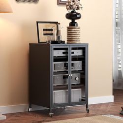 M-Heavy Duty 4-Tier Media Cabinet, Audio-Video Media Stand with Tempered Glass Doors, Metal Stereo Cabinets with 3 Adjustable Shelves, Storage Cabinet