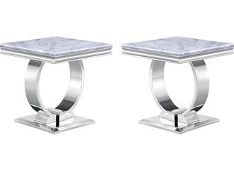 Chino hills pick up, Silver End Table Set of 2, Grey Marble Look Living Room Side Table Modern Glam, 21.7" Square Tabletop, Chrome Mirrored U-shaped M