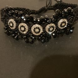 2 Black Crystals And Rhinestones Draw String Bracelets 