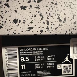 AIR JORDAN 4 RETRO BLACK/FIRE RED-CEMENT GREY NOIR/GRIS CIMENT/ROUGE FEU 9.5