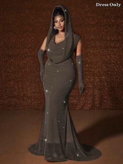 Maweii Plus Size Sexy Cinched Waist Gold Foil Fish Tail Hem Dress