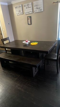 Dark Wood Dining Table with Bench and Chairs