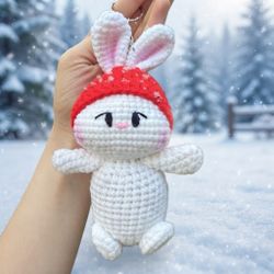 Snow Bunny Rabbit with a Red Beanie Keychain Crochet