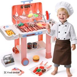 Kids BBQ Grill Toy Set with Grill Torch & Color Changing Food (Ice Water Activated), Cool Mist Spray, Sizzling Sounds & Lights, Interactive Pretend Pl
