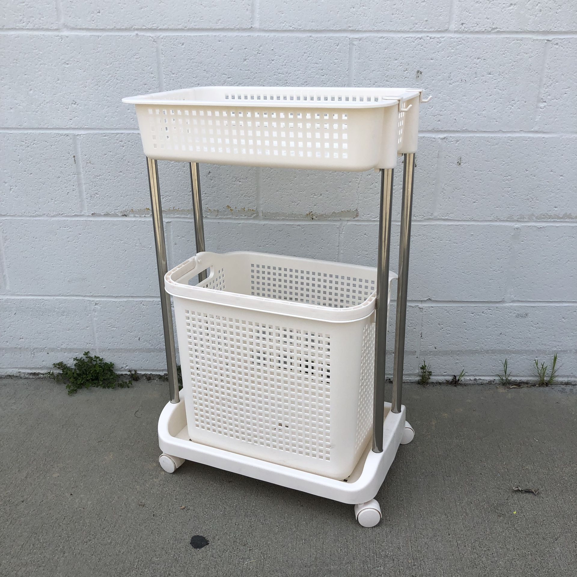 New White Laundry Rolling Cart Stainless Steel With Basket Bathroom Storage Rack For Home Bathroom