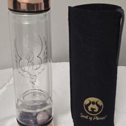 READ Spitit Of Phoenix Crystal Water Bottle Tea Infuser Rose Gold Double Wall Glass W/Sleeve