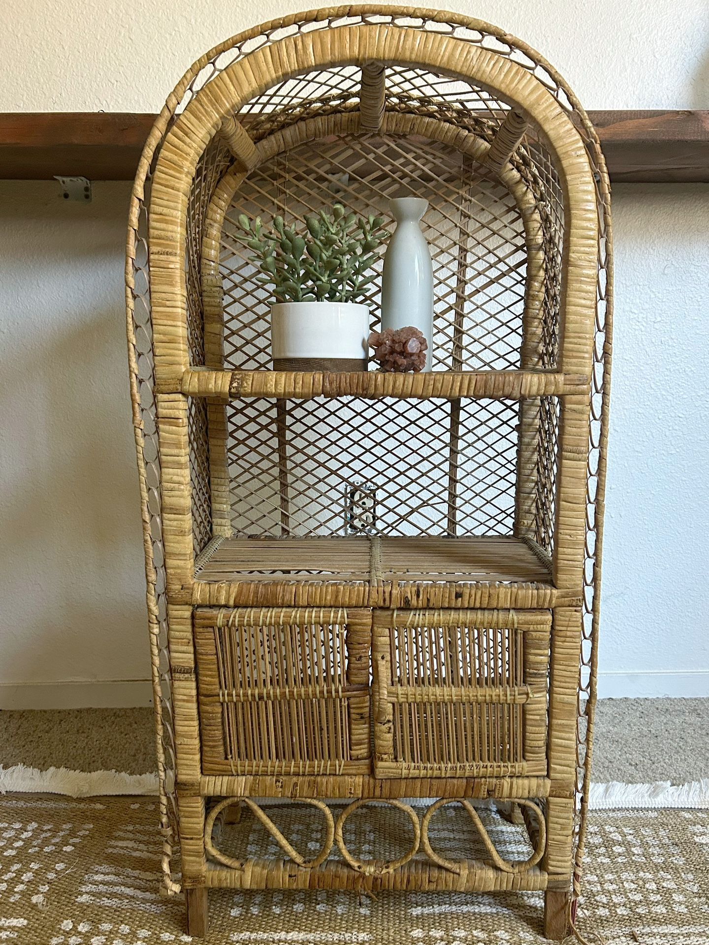 Vintage Arch Rattan Wicker Shelf With Cabinet Doors