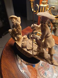 Chinese Fishermen in a Boat - Resin statue/figurine