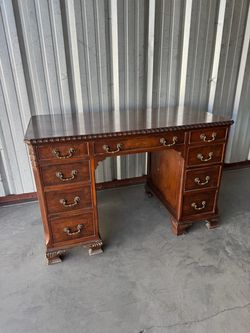 Vintage Executive Double Pedestal Wood Desk – Ornate Brass Hardware