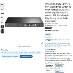 TP-Link 16-Port PoE+ Network Switch (TL-SL1218MP) – Price Negotiable