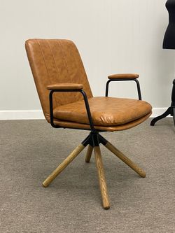 Swivel Desk Chair with Oak Legs and Removable Armrests - Brown PU Leather