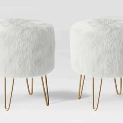 Set of 2 ,Radovre Ottoman Faux Fur White With Gold Metal Hairpin Legs-Threshold, Brand New in the Box