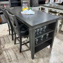 Elegant Rect Counter Table W/ Wine Rack and Shelves, 5 Pcs Set, 1 Table, 2 Chairs, 2 Stools