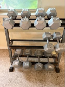 Commercial Hex Dumbbell Set 5–65 lb + 2 Heavy-Duty Racks – 680 lbs – $1,150 OBO