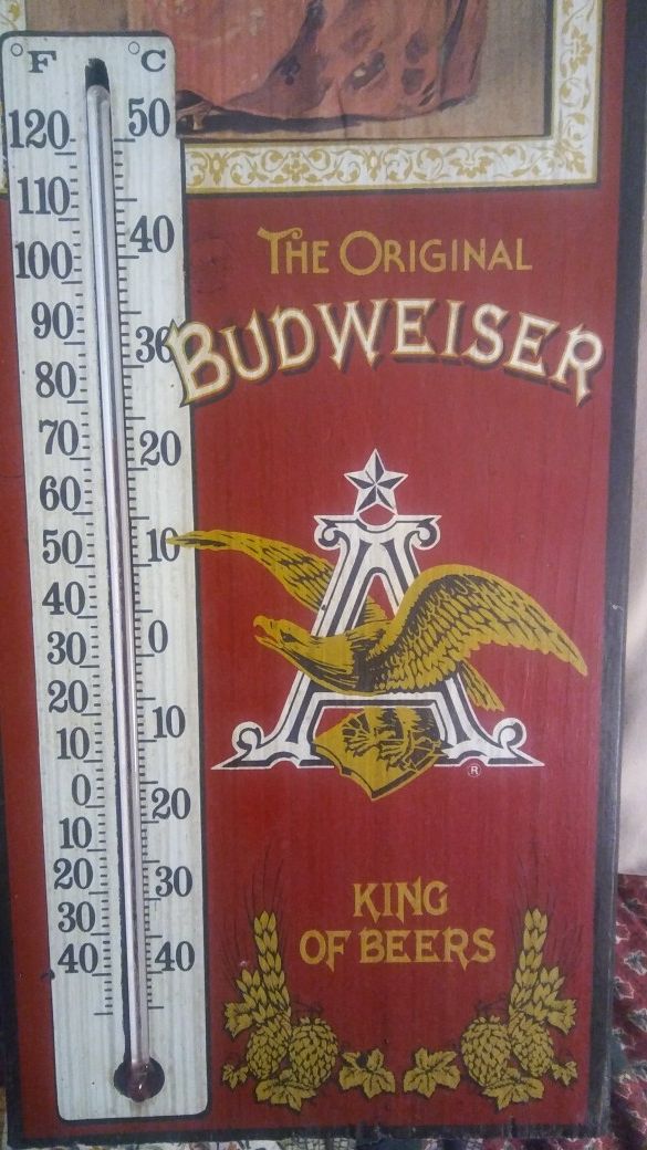 Budweiser Thermometer Antique Wood Gibson Girl King of Beer Bar Sign