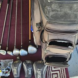 Golf clubs, bag, gloves, balls
