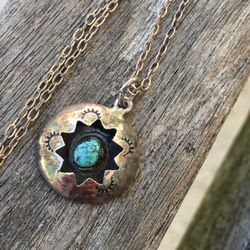 Turquoise sterling silver shadow box necklace pendant old pawn