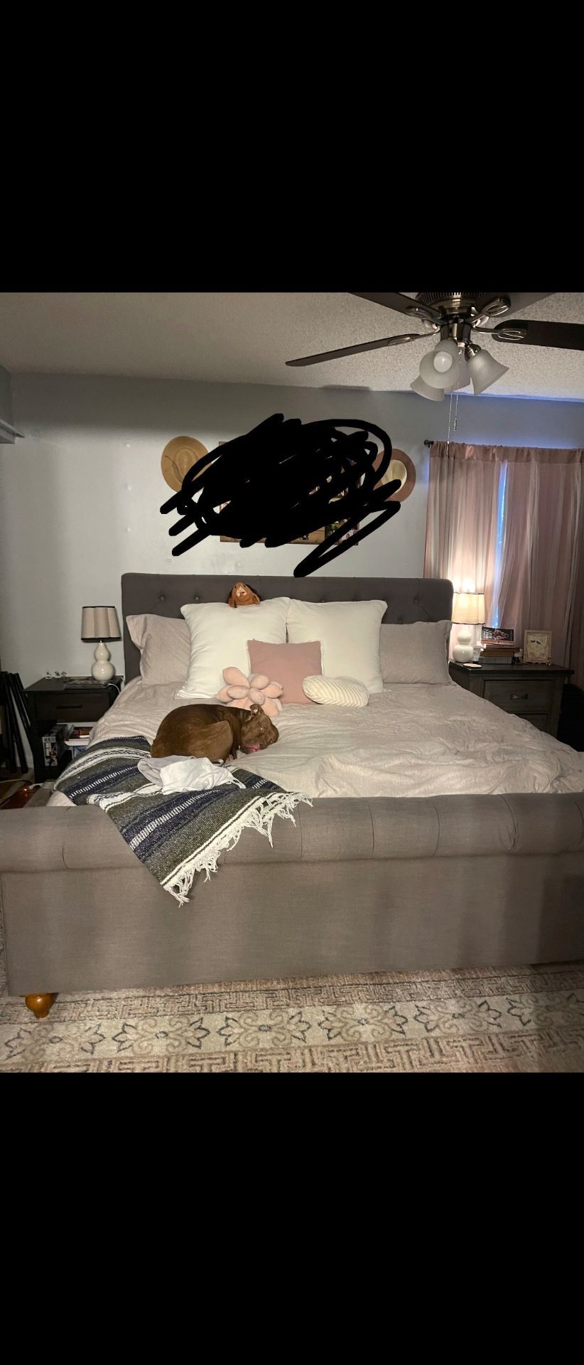 Fabric king bed frame (pet owned)