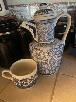 Blue and White Ceramic Teapot and Mug Set