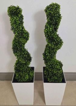 *** CLEARANCE *** PAIR of 3ft Faux Boxwood Spirals in 16in White/Black Planters (2 for $80) @ Lasting Creations