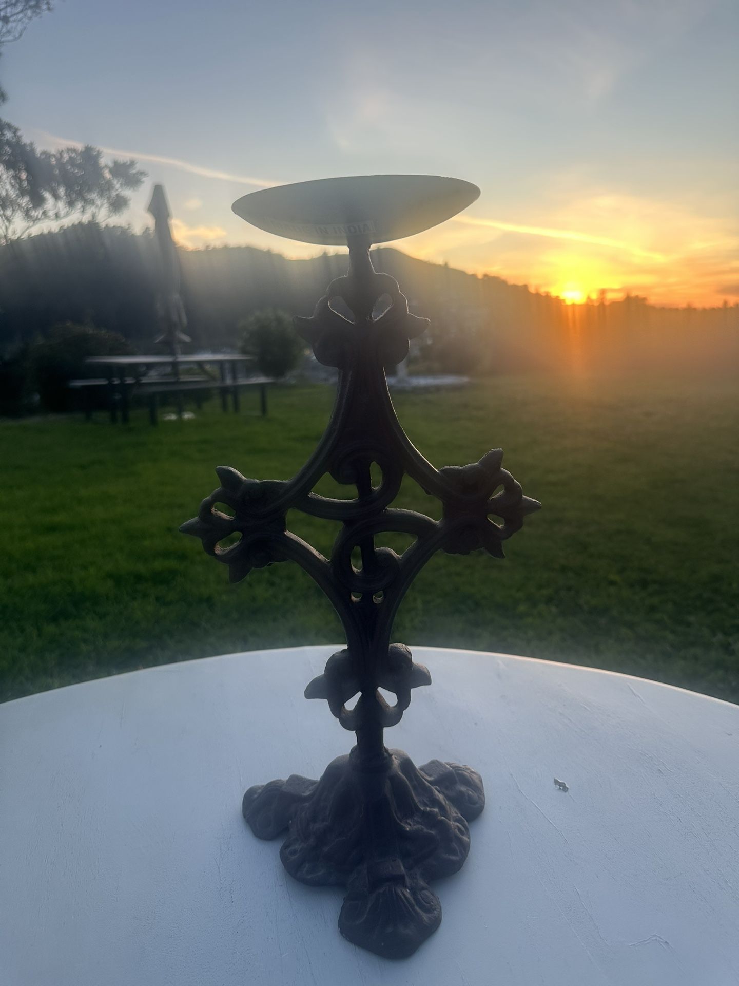antique finish cast iron victorian cross pillar candle holder