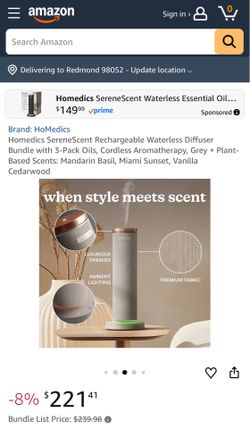 Homedics SereneScent Rechargeable Waterless Diffuser Bundle with 3-Pack Oils, Cordless Aromatherapy, Grey + Plant-Based Scents: Mandarin Basil, Miami 