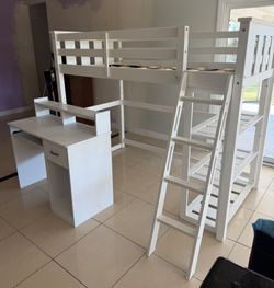 White loft bed with desk and shelving underneath