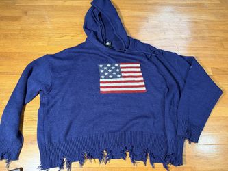 Just Polly New York American Flag Knit Hoodie Sweater Navy Distressed Size L