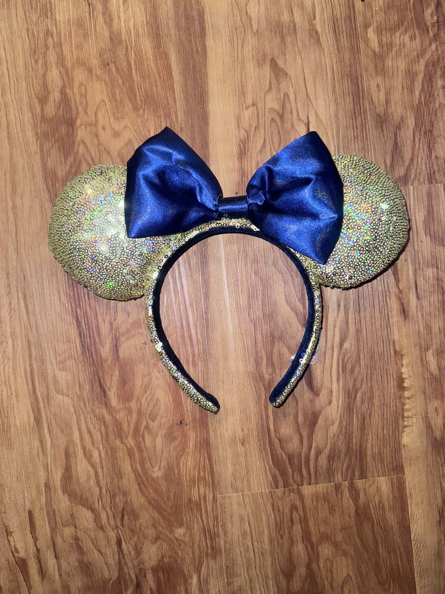 Disney Parks Minnie Mouse 50th Anniversary Gold Sequin Blue Bow Ears Headband Sh