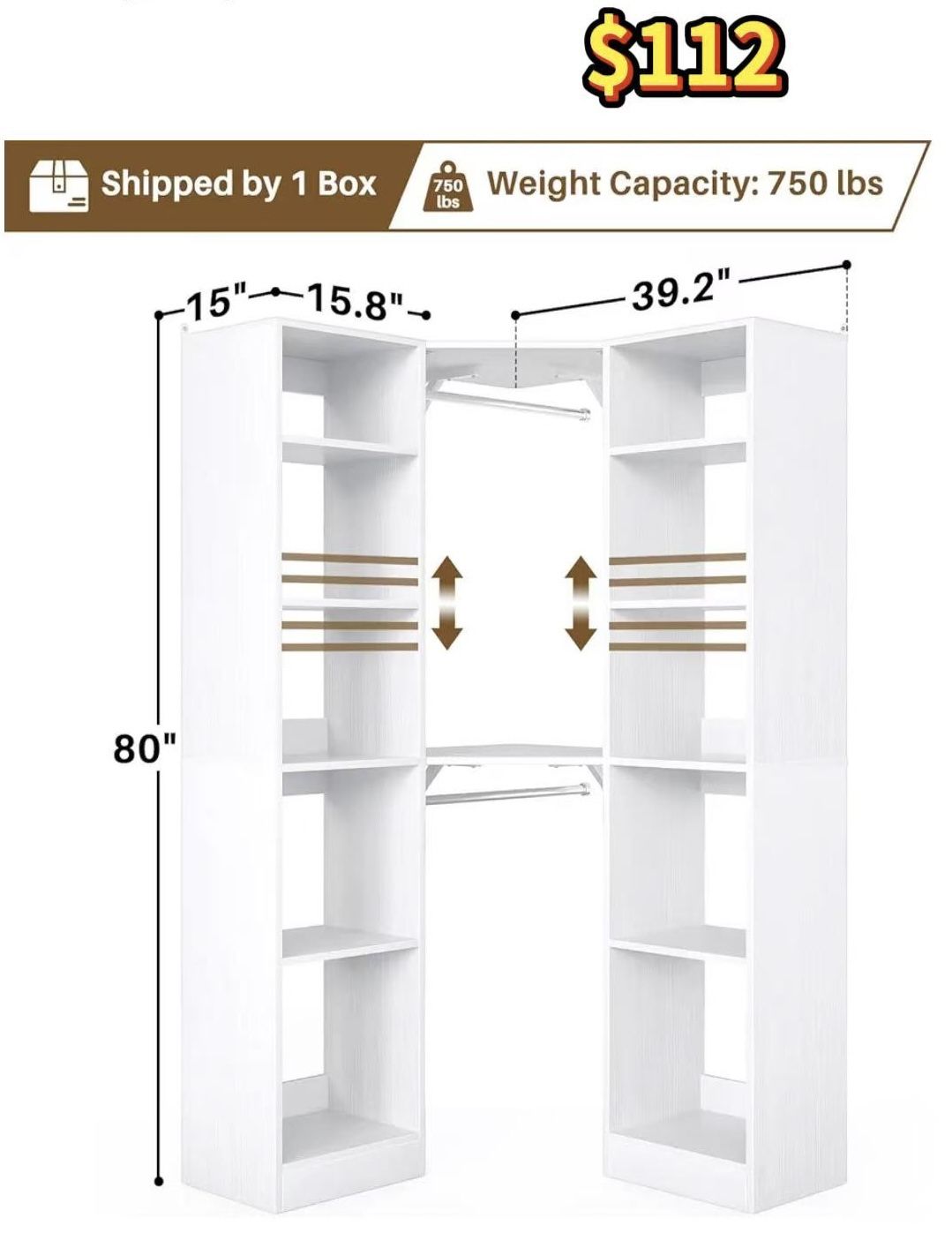 😀 Corner Closet System With 12 Shelves, 40" Large Organizer With 2 Hanging Rods, Versatile 6-Tier Walk-in Closet for Corner Space, White