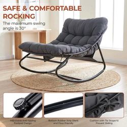 C488 $55 Arlopu Outdoor Papasan Rocking Chair, Oversized Padded Lounge Rocker with Cushion, Comfy Wicker Egg Lounge Chair, Large Indoor Rocking Recli