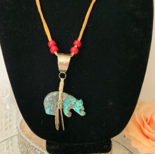 Vintage Native Zuni carved turquoise sterling bear feather pendant