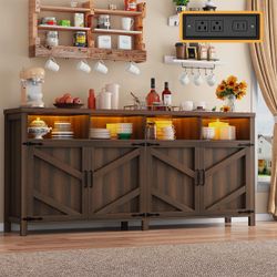 Buffet Sideboard with Storage with Power Outlets & LED Light, Large Farmhouse Kitchen Storage Cabinet Wood 4 Doors Coffee Bar Cabinet for Kitchen, Liv