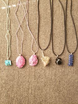 FROM THE ROOTS UP HANDMADE JEWELRY. WIRE WRAPPED CRYSTAL NECKLACES $20 EACH