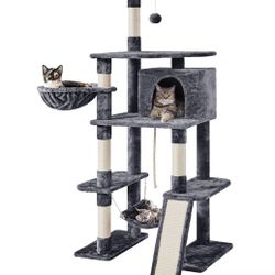 70in Multi-Level Cat Tree Tower Condo Furniture with Sisal-Covered Scratching Posts, Plush Condos, Cozy Basket and Perch Hammock for Kittens